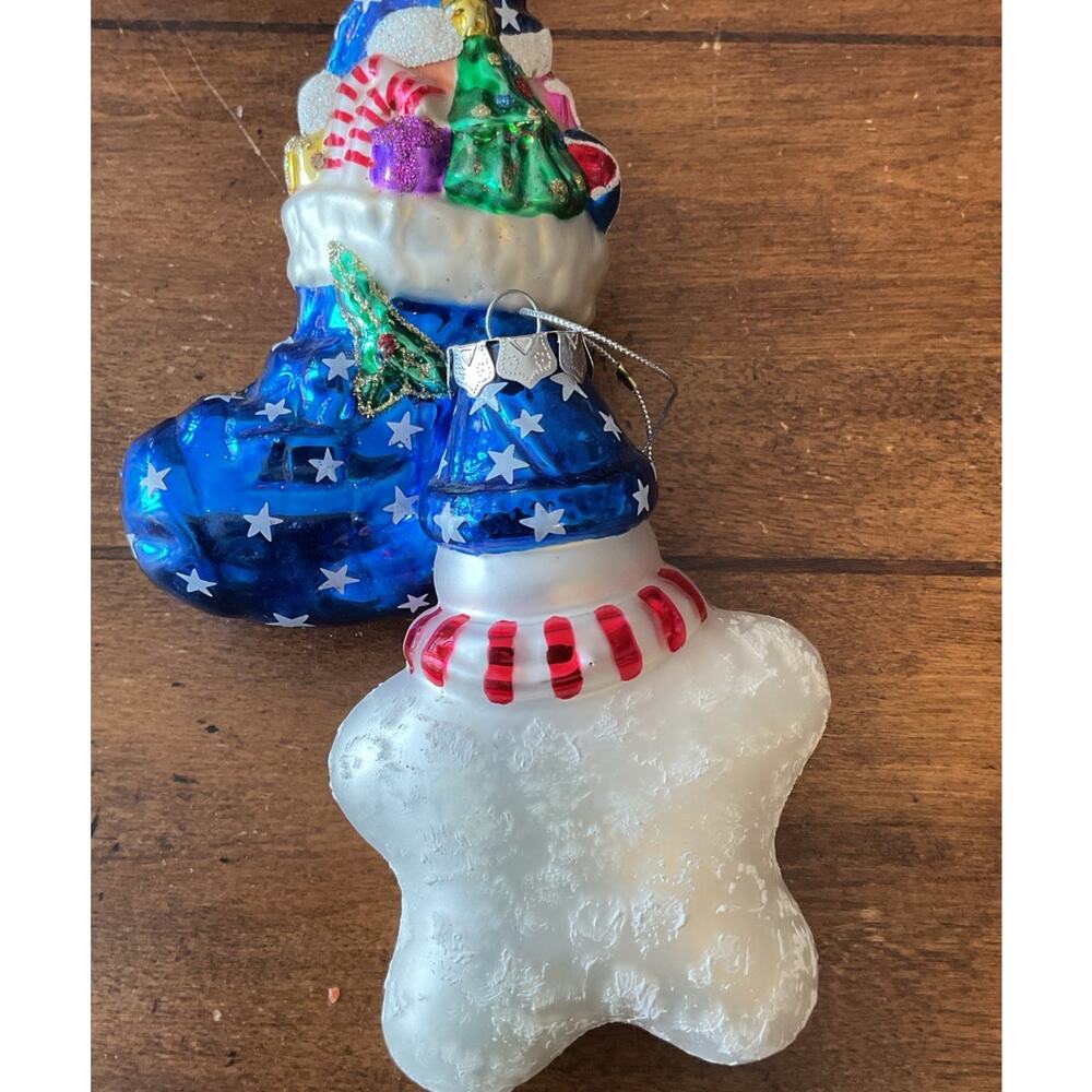 Glass Blown Christmas Ornament Dog In Stocking & Snowman Patriotic, USA Lot 2 - Picture 5 of 6